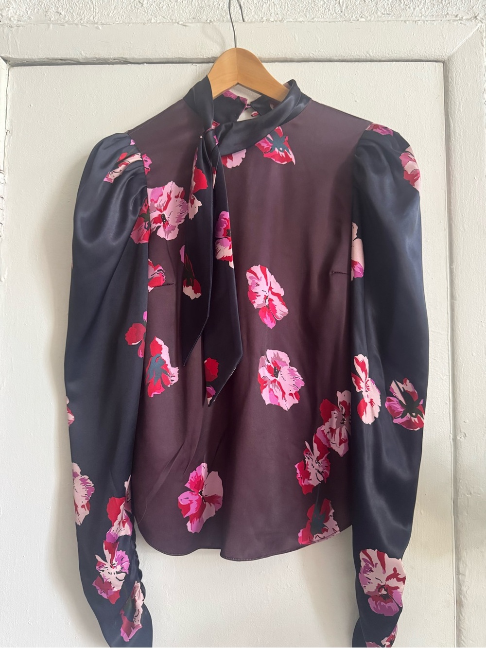 Joie Plum Floral Tie-Neck Blouse with Pink Accents